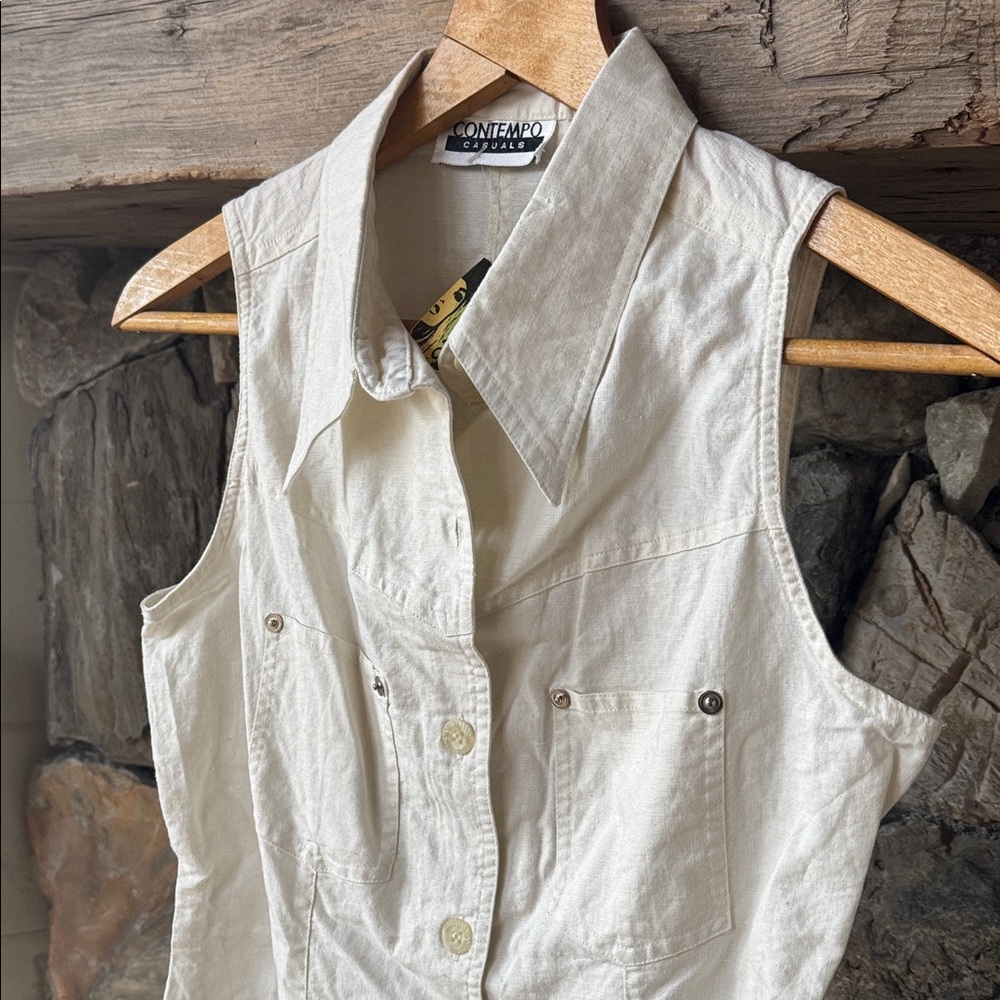Contempo Casuals Linen Blend Sleeveless Button-Down Shirt with Darts Women’s 8